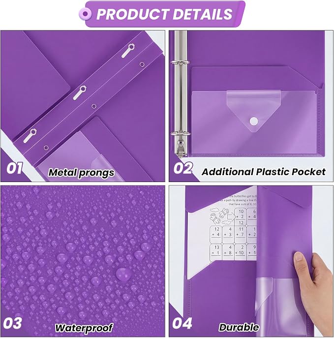 Kosiz 24 Pcs 2 Pocket Folders with Prongs, Paper Folders with 2 Pockets and 3 Prongs Fit Letter Size Paper, Back to School File Document Organizer for School Office Home Supplies (Purple)