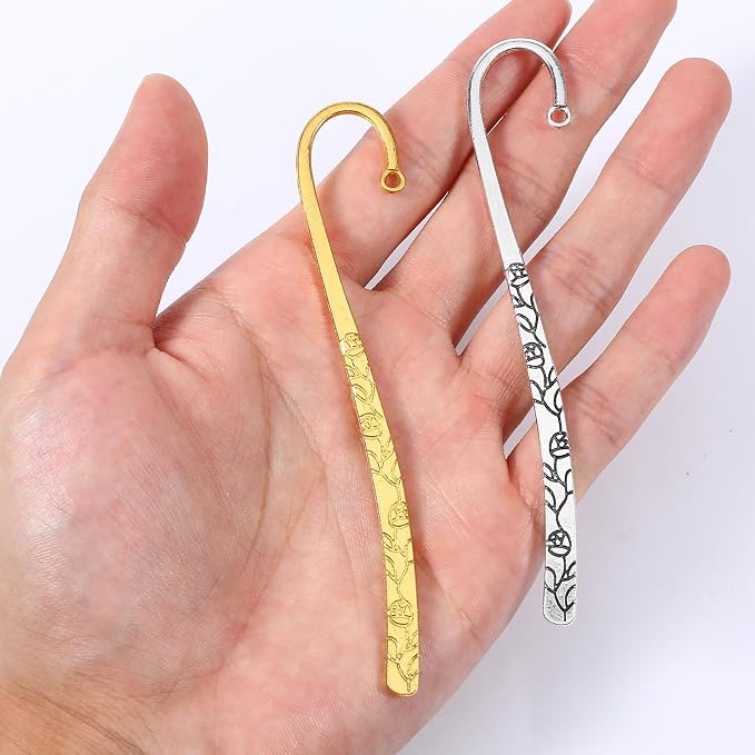 10pcs Metal Bookmark, Antique Carved Metal Bookmark Set Hairpin Hook Design with Loop Embossed Book Markers for Book Lovers Jewelry Making Charms, 5 Gold & 5 Vintage Silver
