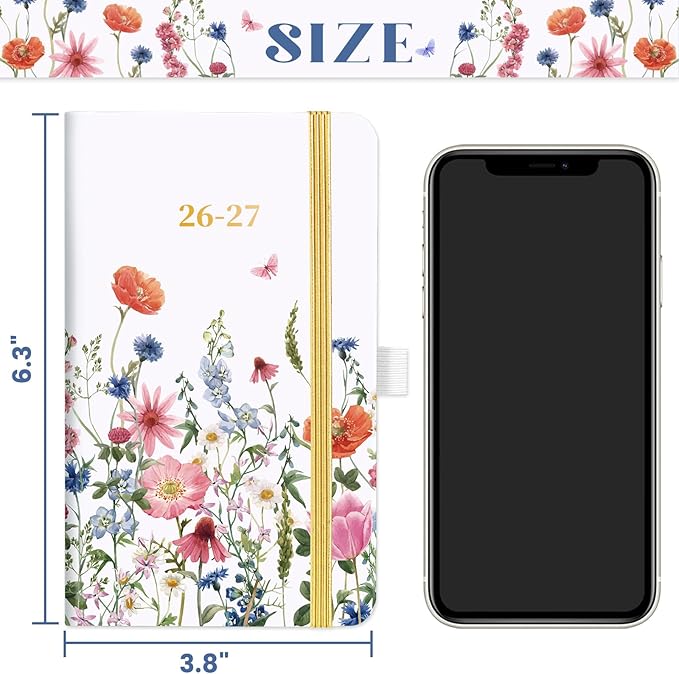 Pocket Calendar 2026-2027 - 2026-2027 Pocket Planner for Purse, Jul. 2026 - Jun. 2027, 6.3''×3.8'', Weekly & Monthly Planner with Pen Loop - Floral