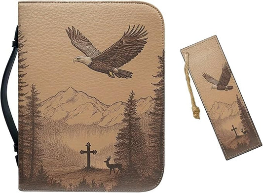Leather Bible Cover,Bible Tabs,Bible Case for Men Large Size Bible Covers,Bible Study Case, Bible Bag,Bald Eagle Cross,Medium