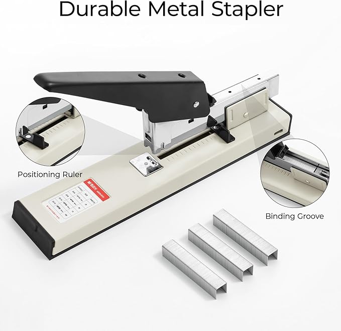 M&G Heavy Duty Stapler with 1000 Staples, 100 Sheet High Capacity, Large Metal Office Stapler for Paper Binding，White