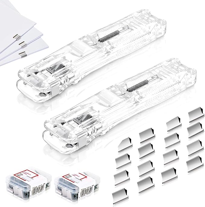 Portable Binder Clip Stapler with 100PCS Reusable Push Clips, Handheld Paper Clam Dispenser, Non-Destructive Desktop Stapler Alternative for Office School Home, Document Binding (White-2pcs)