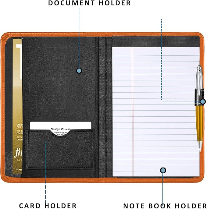 Mini Padfolio/Junior Portfolio Folder Case, Business A5 Binder Organizer Notepad for Men Women, 5 x 8 Writing Pad Included, Orange