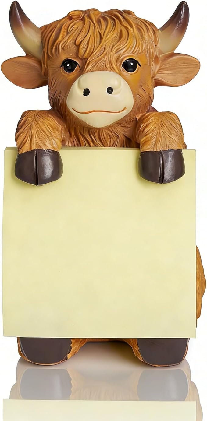 Highland Cow Pop-Up Sticky Note Dispenser with 100 Sheets 3 x 3 Inch Notes, Handmade Resin Highland Cow Desk Decor for Office, Home & Classroom, Gift for Teachers & Coworkers - Brown
