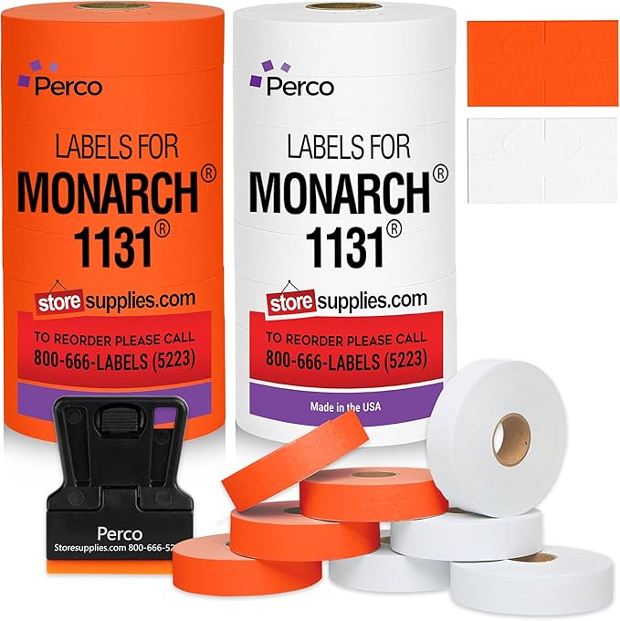 Perco White & Red Pricing Labels for Monarch 1131 Price Gun - One White and One Red Sleeve - 2 Sleeves, 16 Rolls Combo Pack - 40,000 Price Marking Labels - with Label Scraper & Ink Rolls Included