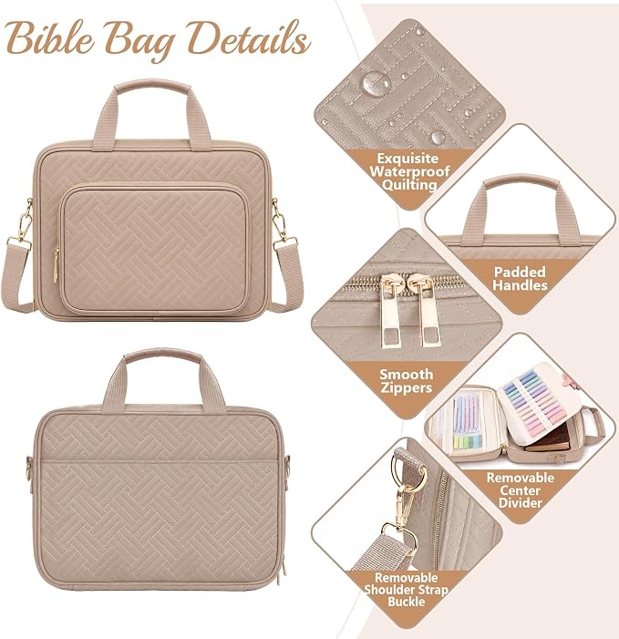 XKDOUS Bible Cover Case for Women, Quilted Large Bible Bag with Shoulder Strap, Bible Study Supplies with Highlighters, Tabs & Journaling Kit, Christian Gifts for Mom & Women (Khaki)