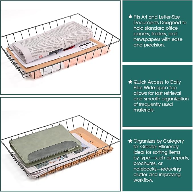 Wire File Basket for Desk Accessories – Extra Large Tapered Open Frame Organizer for A4, Letter Size, Magazines & Folders – Glossy Black Iron Desktop Tray for Office,School & Home