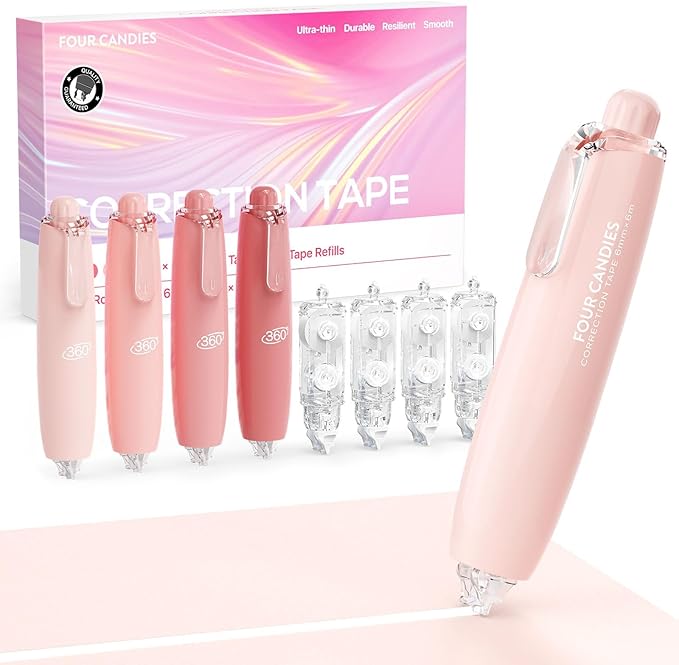 Four Candies Refillable Retractable White Correction Tape, 4PCS Smooth White Pull-Out Tape with 4 Extra Refills, Easy to Use Applicator for Instant Corrections for Office, School Supplies (Pink)