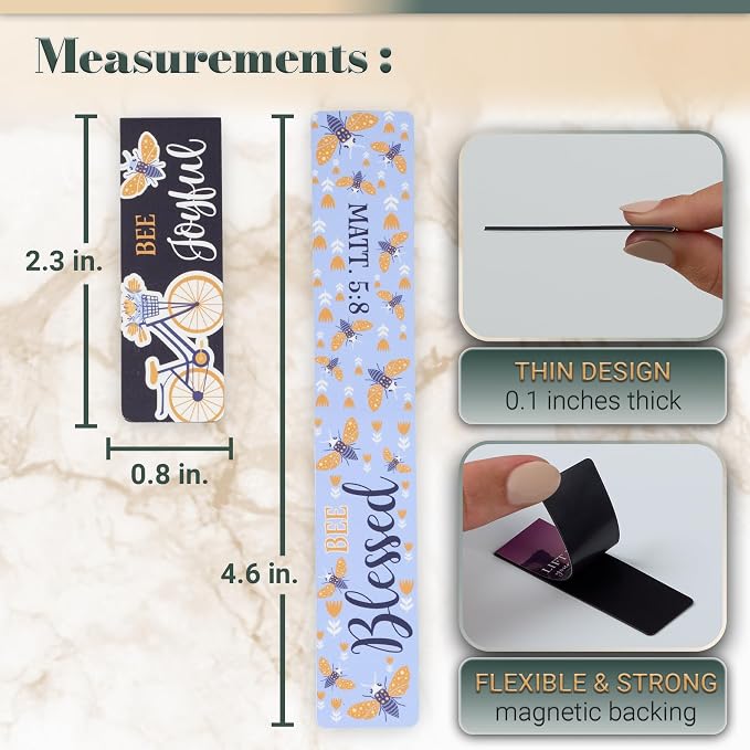 Christian Art Gifts Beloved Magnetic Scripture Bookmark Set with Bible Verse: Let It Bee - Inspirational Magnetic Blue White Gold Bee Themed Pagemarkers Set of 6 for Bibles and Books Size 2.3" x 0.75"