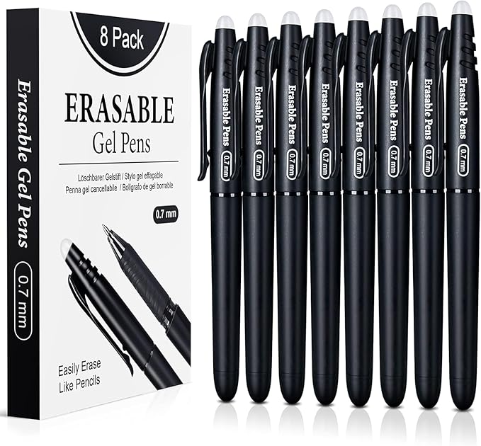 Erasable Pens Rub Out 0.5mm Erasable Gel with Built-in Erasers, Heat Friction Writing Pens for Adults, School & Office Supplies (8 Assorted black pens)