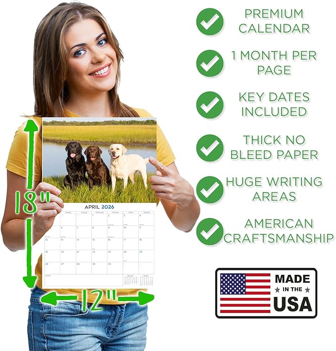 2025 2026 Labrador Mixed Calendar - Dog Breed Monthly Wall Calendar - 12" x 18" Open - Thick No-Bleed Paper - Giftable - Academic Teacher's Planner Calendar Organizing & Planning - Made in USA