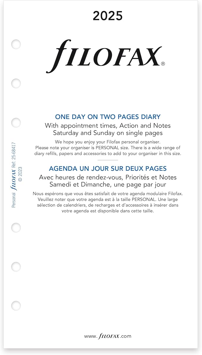 Filofax Calendar Diary Refill, Personal/Compact Size, Day on Two Pages with Appointments, White Paper, Bilingual, 2025 (C68417-25)