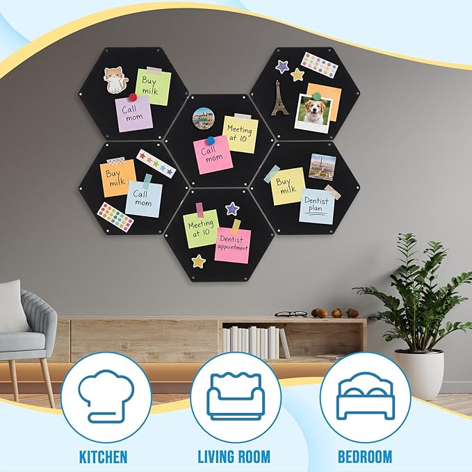 LEIFIDE 6 Pcs Black Magnetic Board 12 x 10 Inch Wall Mounted Hexagonal Magnet Bulletin Board Suitable for Displaying Notes Memos Photos Office Supplies Kitchenware Vision Boards, Equipped with Screws
