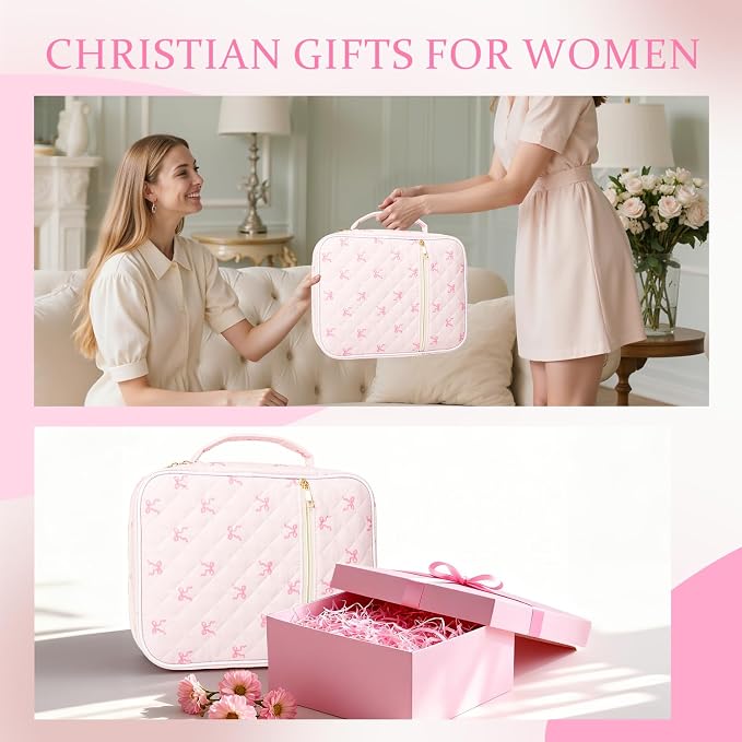 Bible Cover Case for Women Large Quilted Bible Carrying Bag with Handles Bible Study Supplies & Accessories Christian Gifts for Women(Cotton-Bow, M)