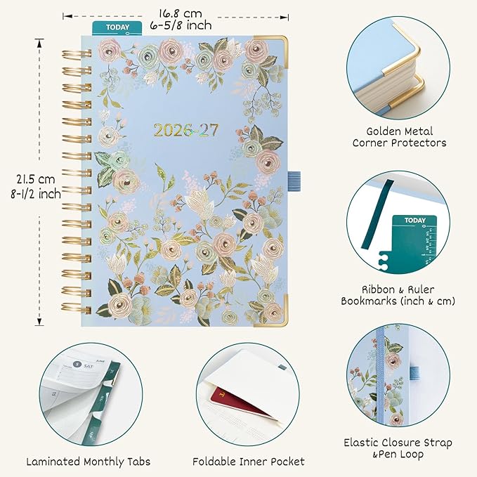 BEZEND Weekly Planner 2026-2027 (6" x 8.5") with Hourly Timeslot (Jul 26-Dec 27) 18 Months Academic Calendar - Deluxe Design - Thick 100GSM Paper, Laminated Monthly Tabs, Corner Protectors, Light Blue