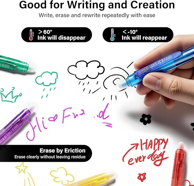 EUSOAR Erasable Gel Pens, Retractable Sketching Drawing Colored Pens Set of 12 Assorted-Color, Clicker Multicolor Pen Fine Point (0.5mm) for Writing Planners Note Taking Color-coding Creative Tasks
