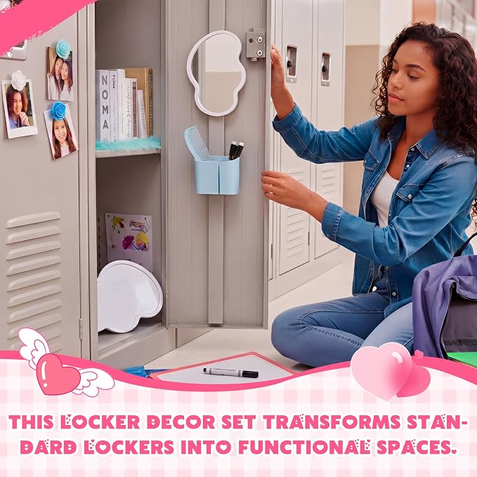Sabary 10 Pcs Locker Accessories Kit Locker Decorations Supplies Including Magnetic Whiteboard Mirror Organizer Markers Rug Cute Flower Magnets and Comb for Office Back to School Essentials(Blue)