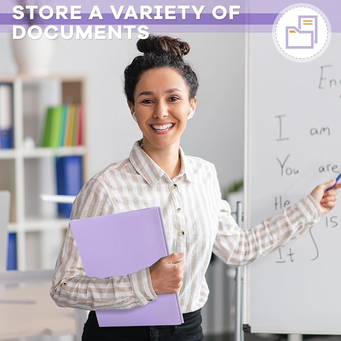 Henoyso 36 Pcs Plastic Folder with Clear Front Pocket and 3 Prong Plastic Folders with Card Slot Pocket Folders with Prongs for School Office (Light Purple)