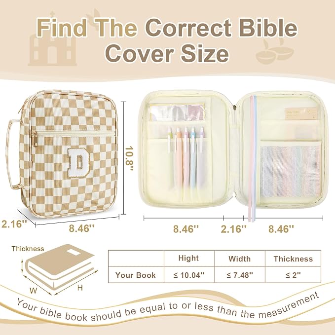 Personalized Initial Bible Cover Case for Women Girls Kid - Large Quilted Bible Case with Handle,Chenille Letter Bag Study Supplies,Christmas Gifts for Christians Birthday Graduation(Khaki-D)