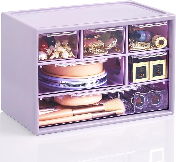 Desk Storage Organizer with 6 Mini Drawers, FODIENS Stackable Desktop Craft Drawer Cabinet, Clear Storage Box Caddy for Makeup Jewelry Office Craft Supplies (Purple)