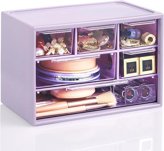Desk Storage Organizer with 6 Mini Drawers, FODIENS Stackable Desktop Craft Drawer Cabinet, Clear Storage Box Caddy for Makeup Jewelry Office Craft Supplies (Purple)