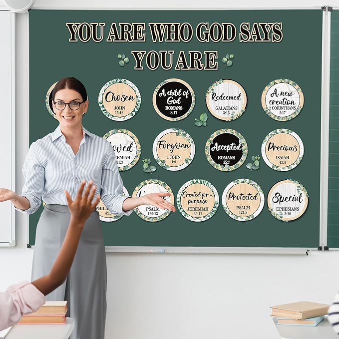 Qyeahkj Christian Bulletin Board Decoration Greenery God Says You are Religious Classroom Wall Decor Eucalyptus Motivational Quote Cutout Christmas Bulletin Board Set for Sunday School Home Church