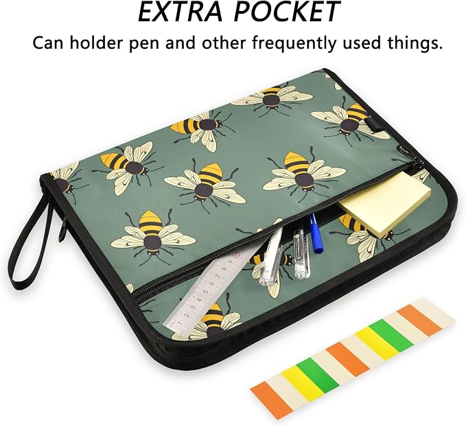 ALAZA Cute Bee Expanding File Folder, 13 Pockets Expandable Document Organizer Folder with Zipper Closure for Home Office A4 Letter Size Paper Document