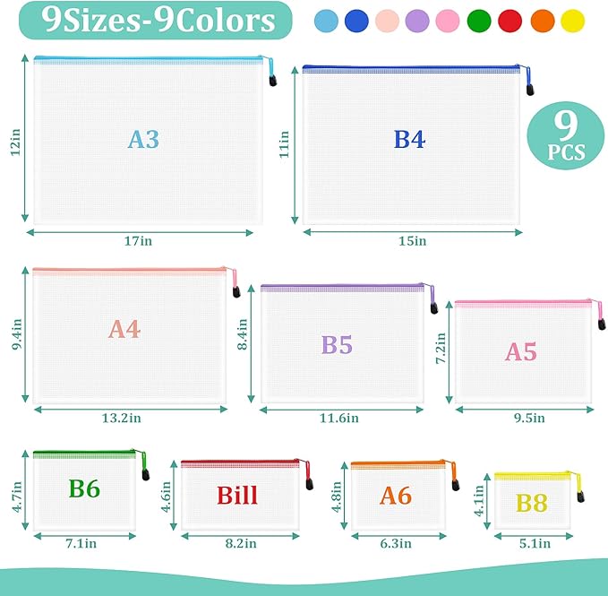9pcs Mesh Zipper Pouch Bags, 9 Sizes Zipper Pouch, Mesh Bags with Zipper, Plastic Zipper Pouches, 9 Colors Zipper Pouches for Organizing, Board Game Storage, Travel, School Office Organize