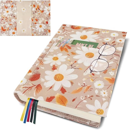 Daisy Adjustable Book Cover Protector for Hardcover,Reusable Soft Canvas Fabric Book Covers for Paperback Book Lovers Gift,Double Side Print Book Cover Hardback with Bookmark