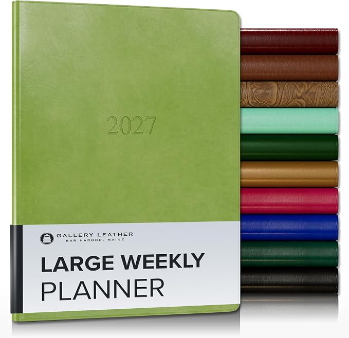 Gallery Leather Large Weekly Monthly Planner 2027, Elegantly Bound Calendar Planner and Notebook with Stylish Gold-Gilded Page Edges, 12 Months - Acadia Lime - 9.75x7.5"
