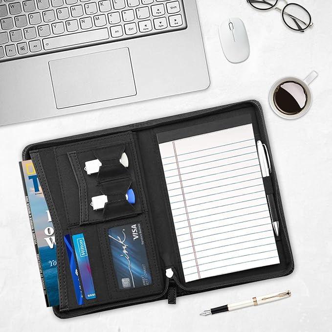 Junior Padfolio/Resume Portfolio Binder with Refillable Lined Notepad, A5 Padfolio Folder, Business Portfolio, Multi-Function Case, A5 Writing Pad Included,Black.