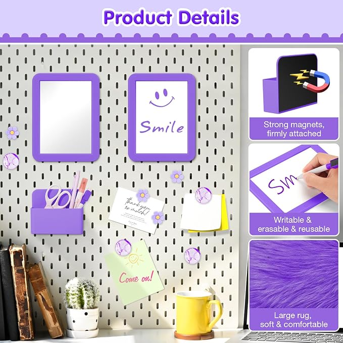 MoKo 17PCS Locker Accessories for Girls, Cute Locker Accessories Kit with Mesh Shelf, Magnetic Dry Erase Board, Mirror, Marker Holder, Marker, Plush Rug, Magnets, Lockers Decor for School/Work, Purple