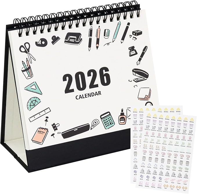 MultiBey Small Desk Calendar 2025-2026, Small 6.5"x6.5" Standing Flip Calendar for Desk, July 2025-Dec 2026, 18-Month Desktop Planner Year Monthly Calendars with To-Do Lists & Stickers (Stationery box)