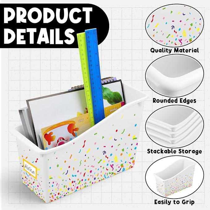 Jinei 24 Pack White Book Bins for Classroom Bulk Confetti Book and Binder Holders with Name Labels Assorted Color Plastic Classroom Organization Basket Box Teacher Storage Bins for Home Office