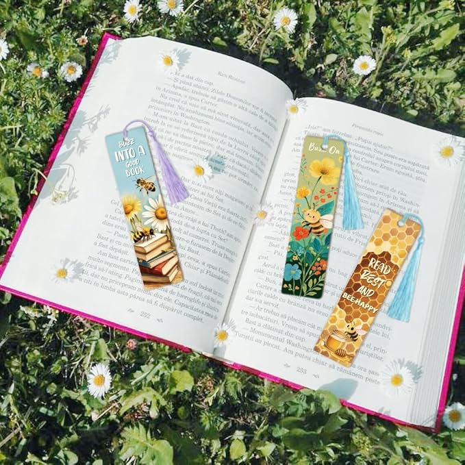 Peacoblue 30pcs UV DTF Bookmarks Transfer Stickers Wraps Bees and Flowers for Women Men Reading, Waterproof Bookmarkers Decal(No Blank Bookmarks) for Acrylic Plastic Metal Blank Bookmark