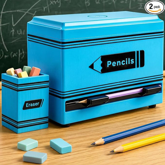 Gueevin 2pcs Pencil Dispenser for Classroom, Fun Desk Organizer with Eraser Holder, Interactive Pencil Storage for Teachers, Students & Homeschool Desk Organizer, Back to School Supplies(Blue)