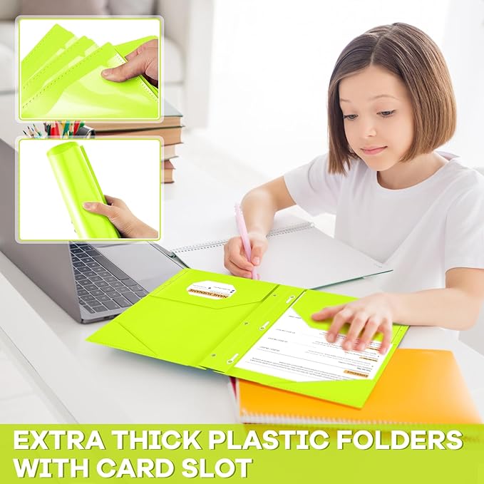 Henoyso 36 Pcs Plastic Folder with Clear Front Pocket and 3 Prong Plastic Folders with Card Slot Pocket Folders with Prongs for School Office (Fluorescent Green)