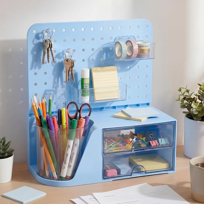 Novabright Desk Organizer with Drawers, Rotating Pen Holder with 5 Slots & Pegboard, Back to School & First Day of School Gifts, Multifunctional Desktop Storage for Desk Home Office Supplies(Blue)
