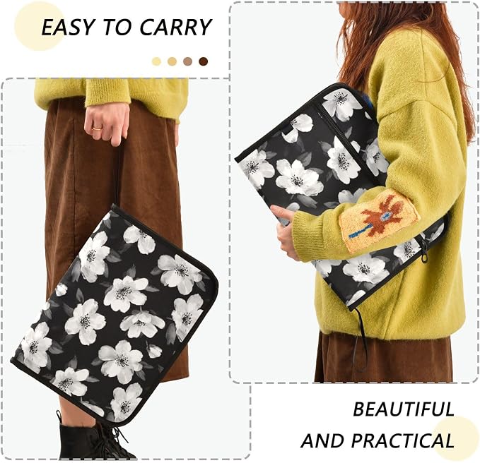 Black White Flowers Accordion File Organizer Expanding Document Folder with 13 Pockets Portable File Folder for A4 Letter Size