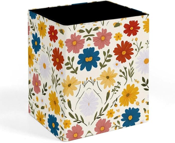 Flowers Print Square Leather Pen Holder, Minimalist Desk Organizer for Office Home School, Pencil & Stationery Storage Box, Gift for Students Teachers Colleagues