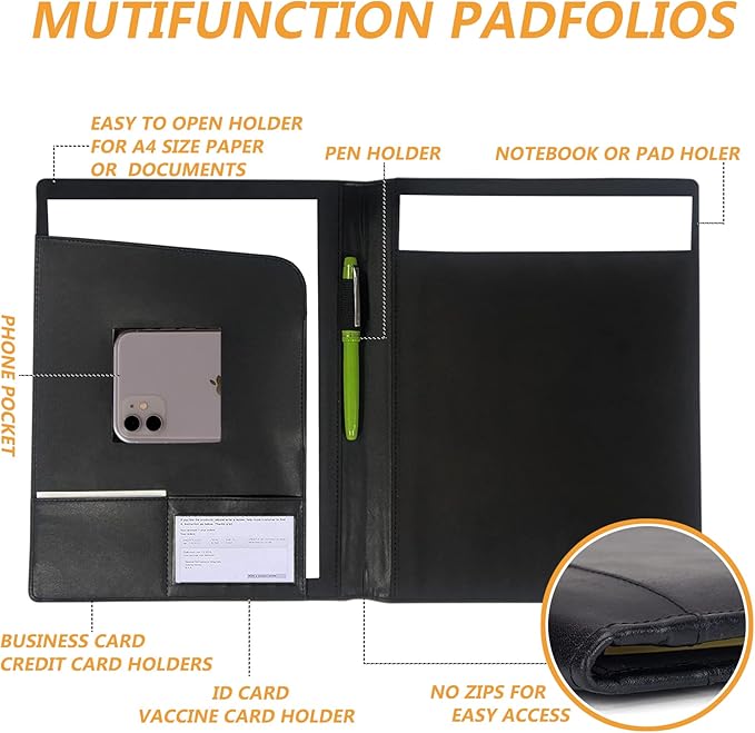 Leather Portfolio Folder Padfolio, Business Padfolio Organizer Document Planner Portfolio Binder Storage Pocket for Legal Pad Holder Paperwork Phone Men Women (Black)