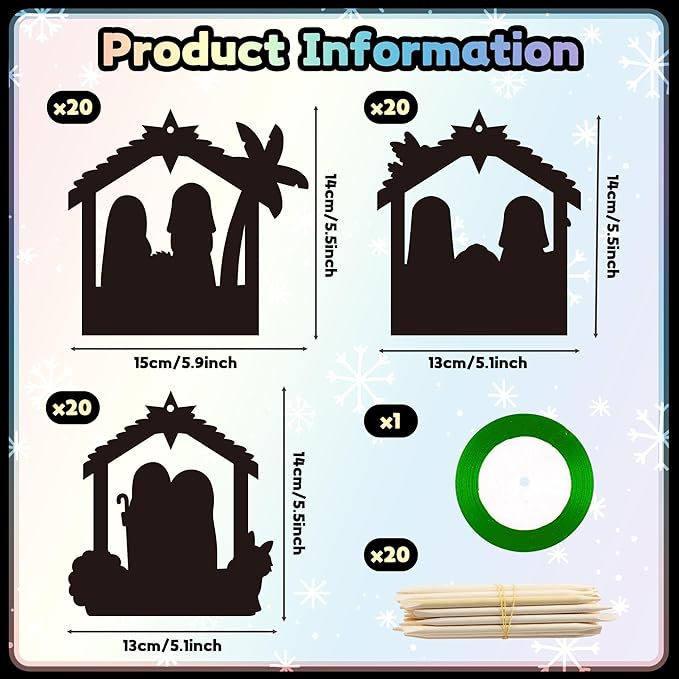 Christmas Nativity Scratch Card - 60Pcs DIY Christmas Nativity Scene Magic Scratch Cards Craft Kit for kids, Christian Jesus Birth Hanging Tags Party Favors for Xmas Sunday School Classroom