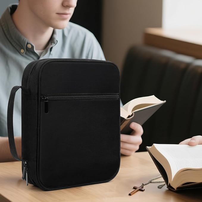 Bible Cover Bible Case for Men Canvas Carrying Cases Book Protector Case Bible Bag with Durable Handle Study Supplies Accessories Christian Gifts (Black, Large)