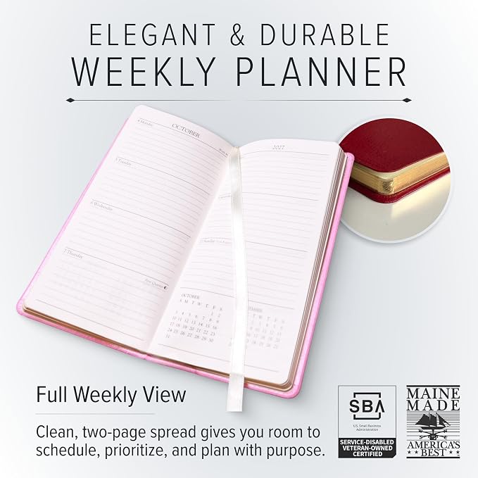 Gallery Leather Pocket Weekly Monthly Planner 2027, Elegantly Bound Calendar Planner and Notebook with Stylish Gold-Gilded Page Edges, 12 Months - Acadia Lime - 6x3.25"