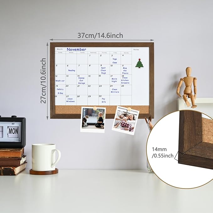 Dry Erase Calendar Whiteboard for Wal, Small Combination Dry Erase White Board & Bulletin Board, 10.5" x 14.5" Rustic Brown Framed Calendar/Cork Combo Board(ZHYL-RB-2737)