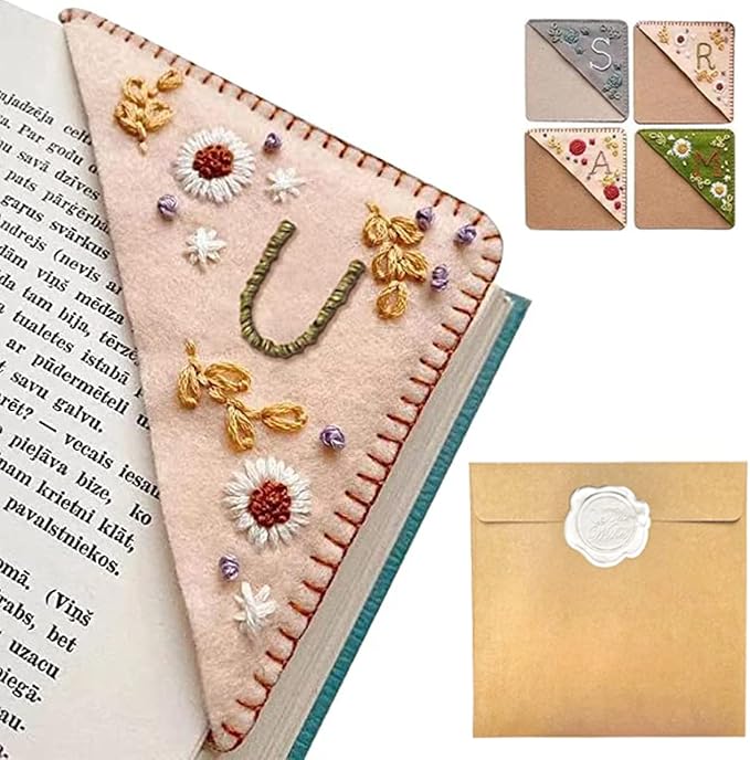 Personalized Hand Embroidered Corner Bookmark, 26 Letters Hand Stitched Felt Corner Letter Bookmark, Cute Flower Embroidery Bookmarks for Book Reading Lovers Meaningful Gift（Spring，U