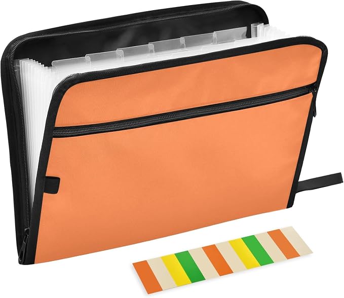 Orange Expanding Accordion File Folder with 13 Pockets and Zipper Closure