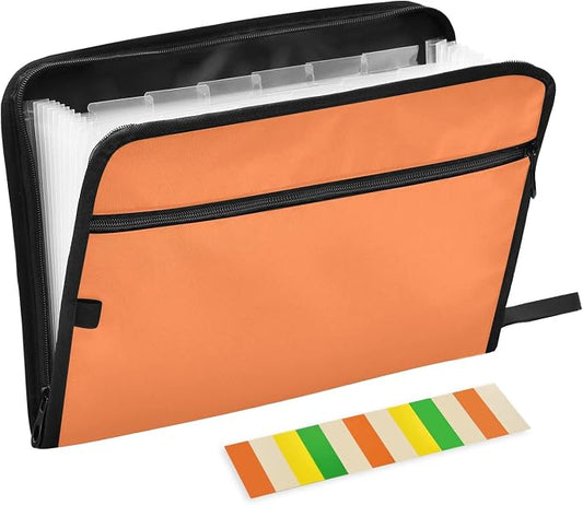 Orange Expanding Accordion File Folder with 13 Pockets and Zipper Closure