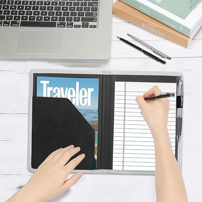 A5 Padfolio Business Portfolio Folder,Junior Size Document Folder Organizer, Padfolio with Interior Pocket and Pen Loop, 5 x 8 Writing Pad Included. Silver