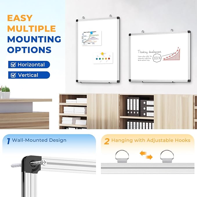 WALGLASS Double Sided White Board Dry Erase, 24''x18'' Small Magnetic Whiteboard for Wall with Aluminum Frame, Hanging Wall Mount Board for Home Office School Kitchen